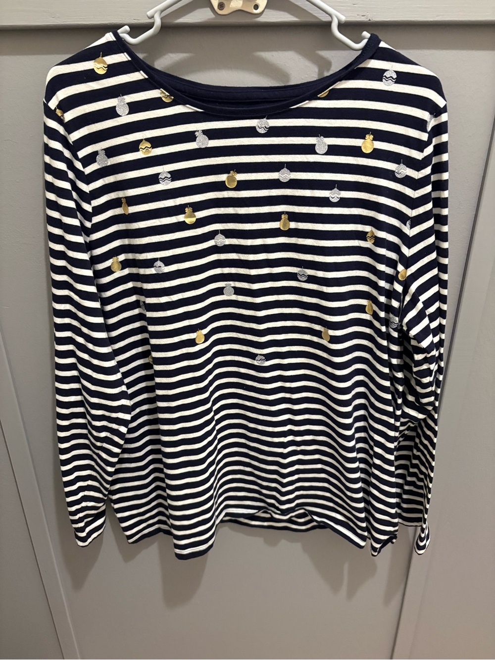 Talbots Navy & White Striped Ornament Long Sleeve Tee